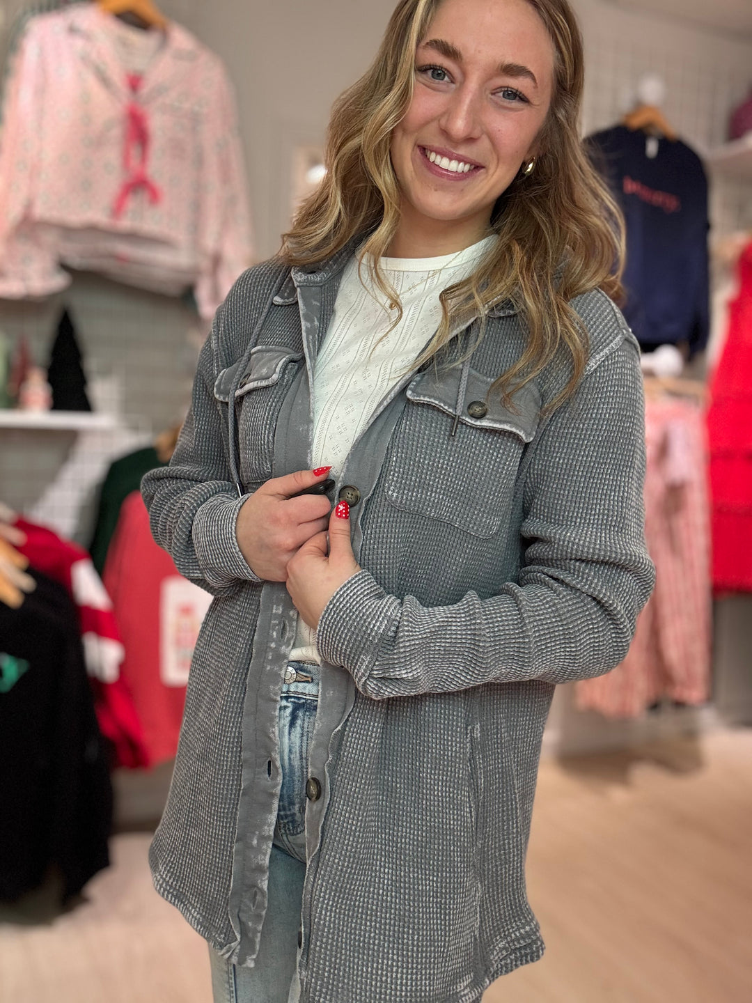 Waffle Knit Hoodie Shacket