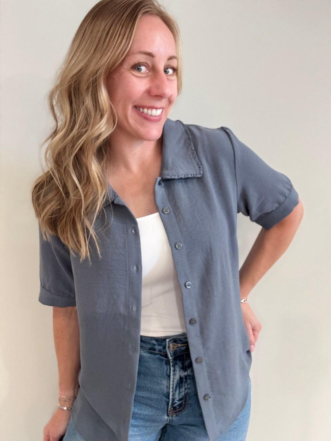 Collared Blouse in Blue Fog