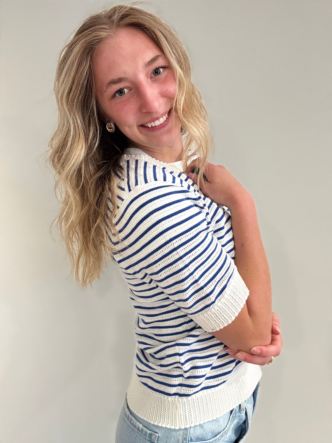 Pointelle Short Sleeve Sweater