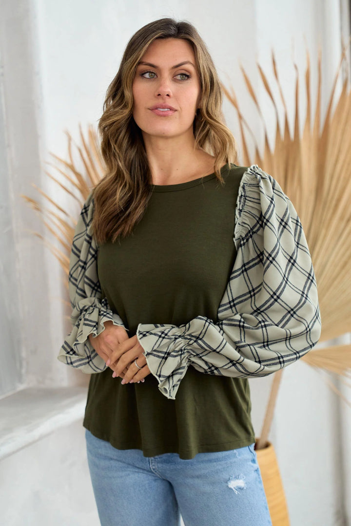 Checked Sage Long Sleeve Top