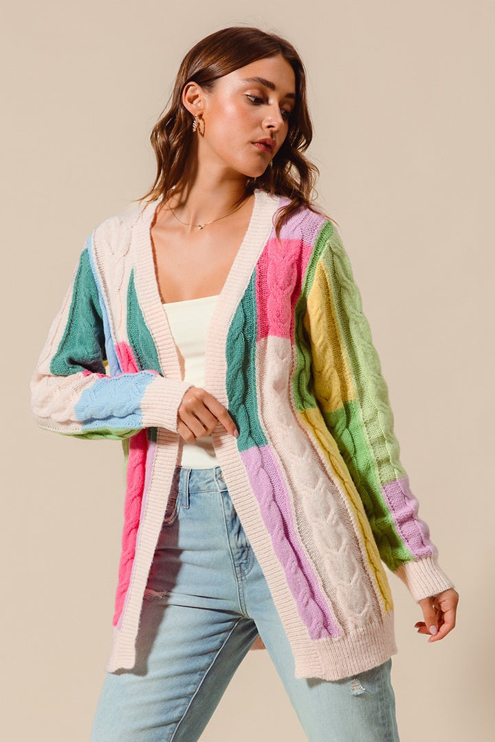 Color Block Cable Knit Cardigan