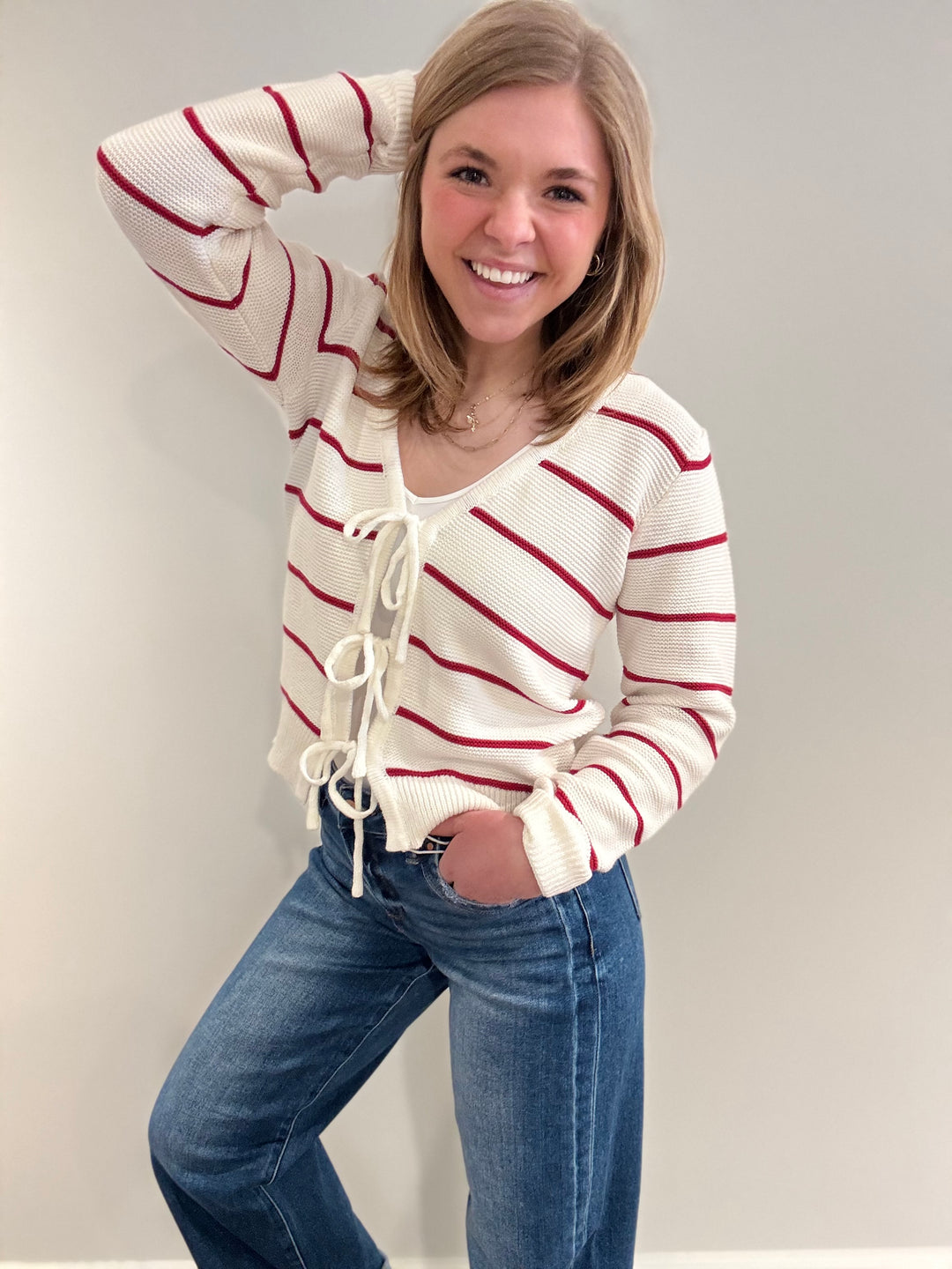 Bow Front Striped Cardigan