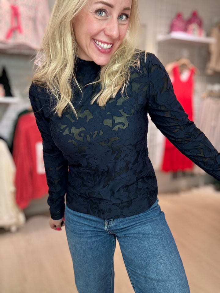 Burnout Mesh Mock Neck Top