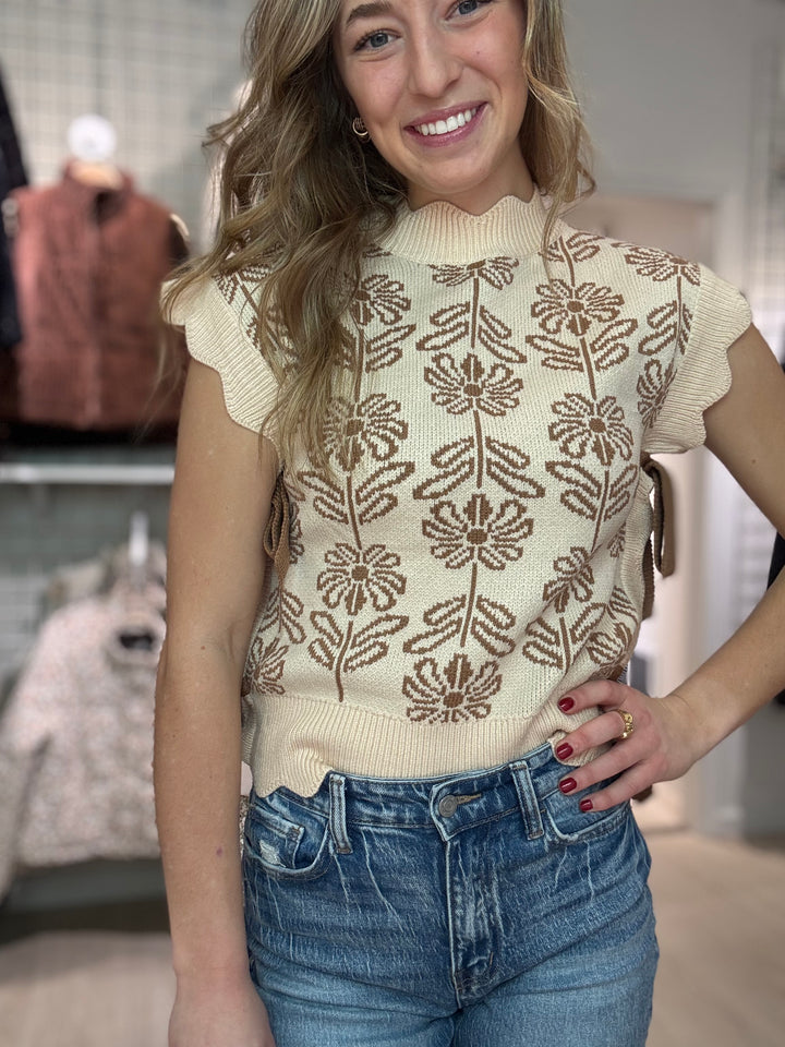 Bow Accent Floral Sweater Vest