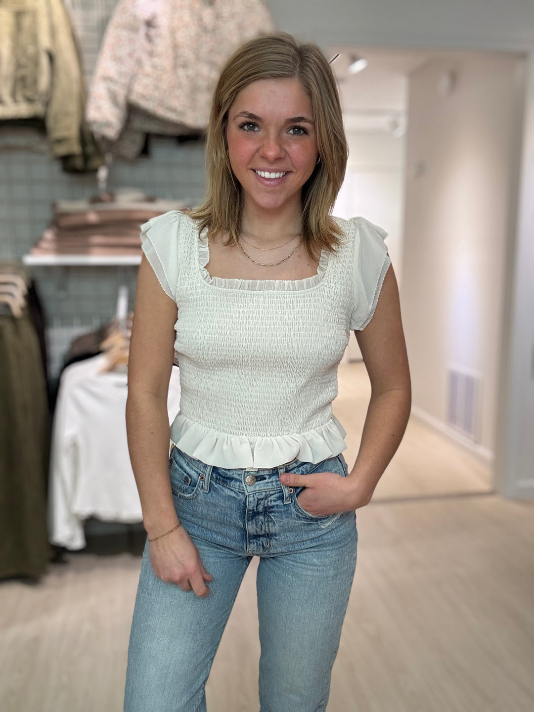 Ruffled and Smocked Flutter Top