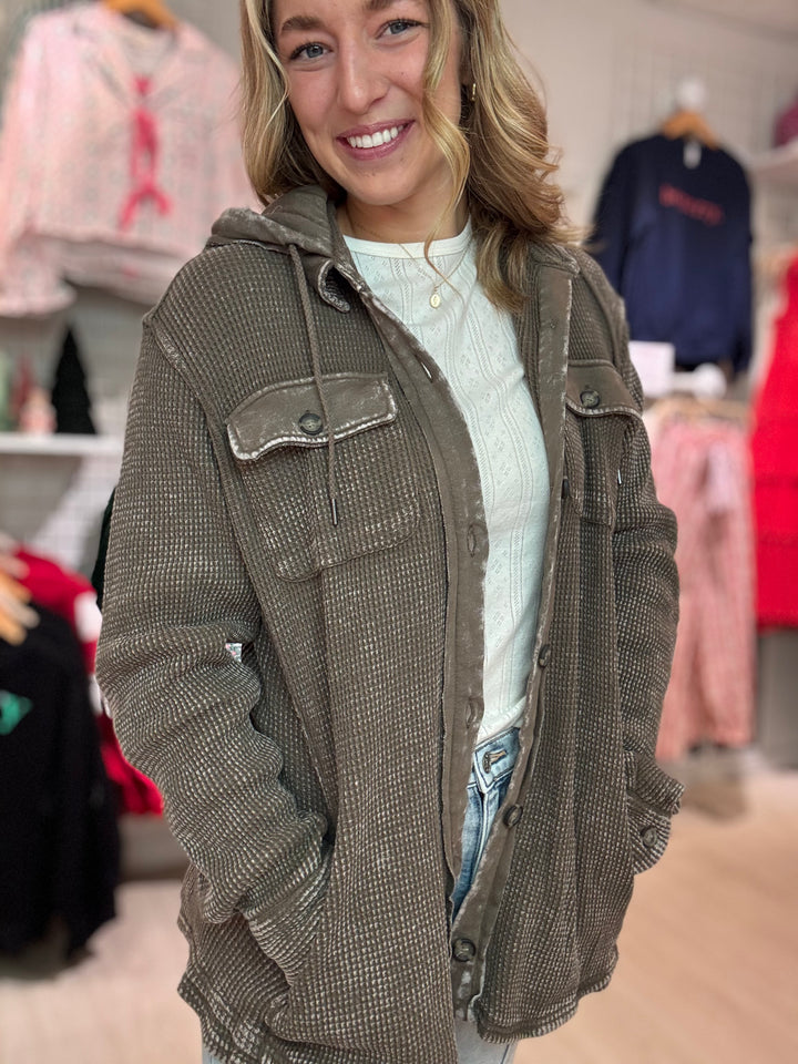 Waffle Knit Hoodie Shacket