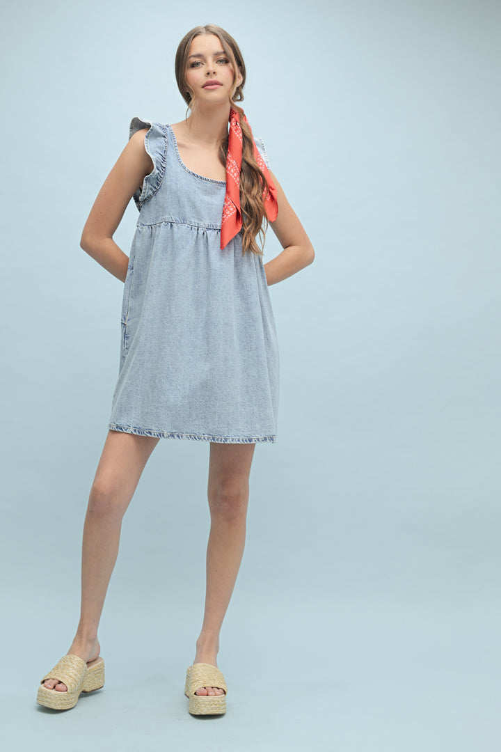 Denim Ruffle Sleeve Mini Dress