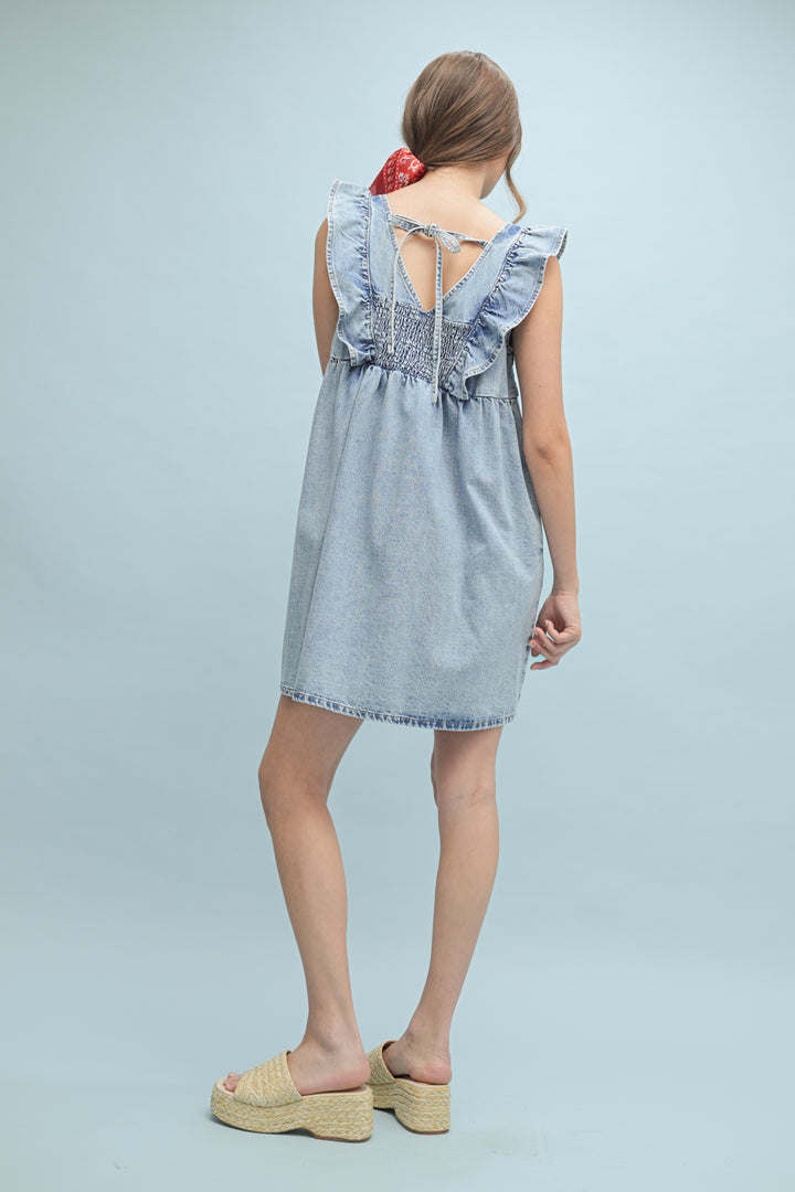 Denim Ruffle Sleeve Mini Dress