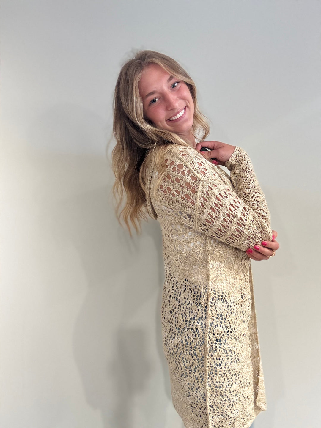 Tan-Ivory Hooded Cardigan Sweater