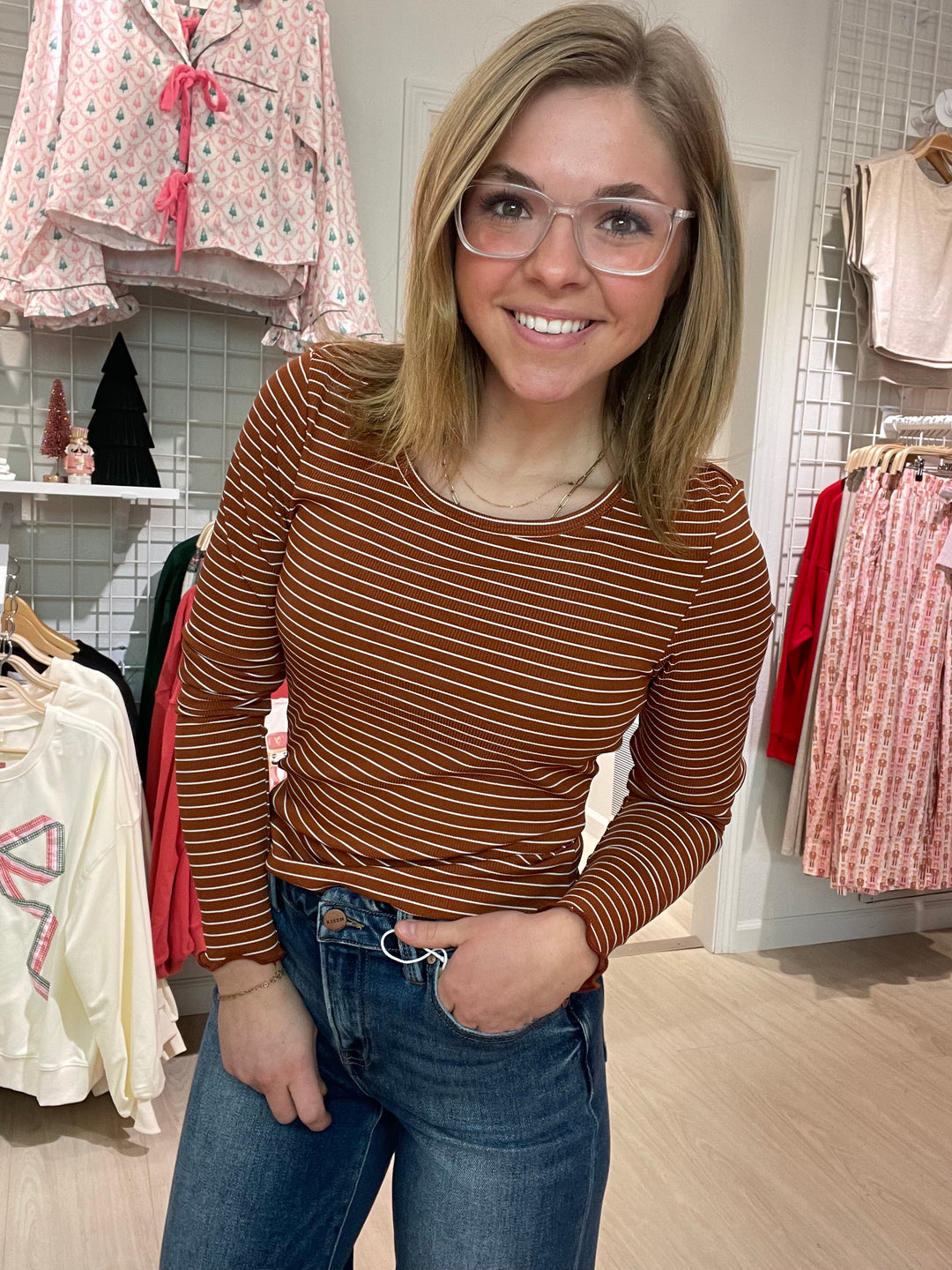 Rust Stripe Ribbed Long Sleeve