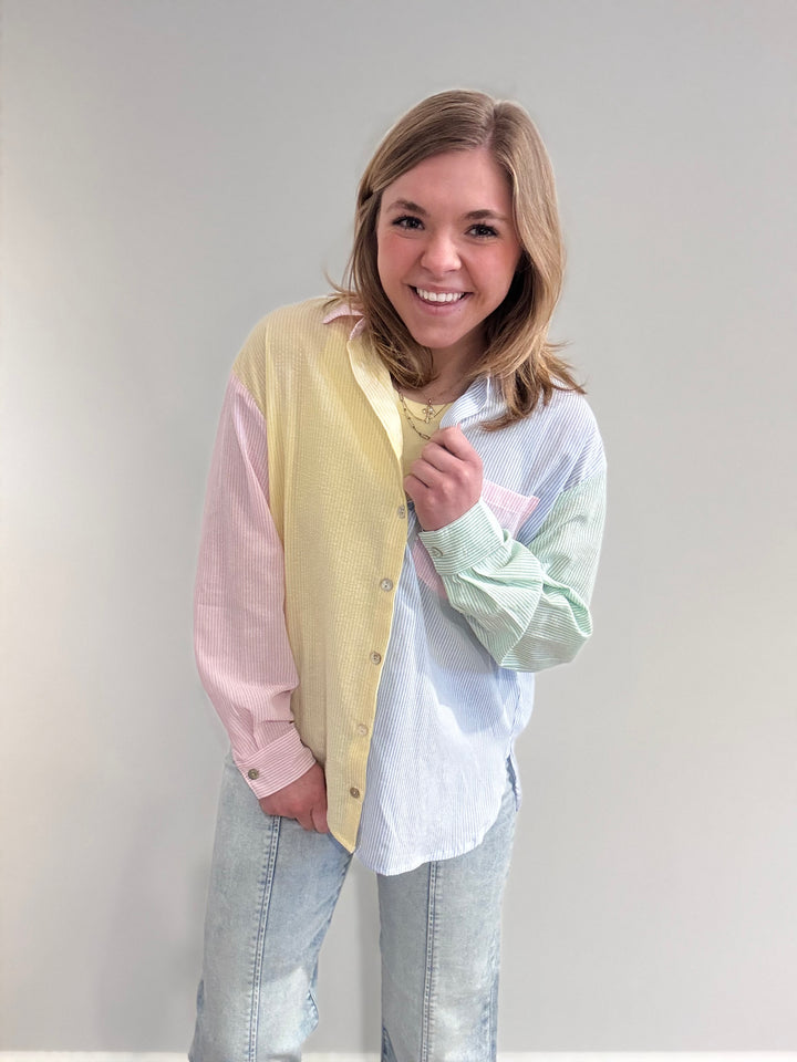 Color Block Striped Button-up