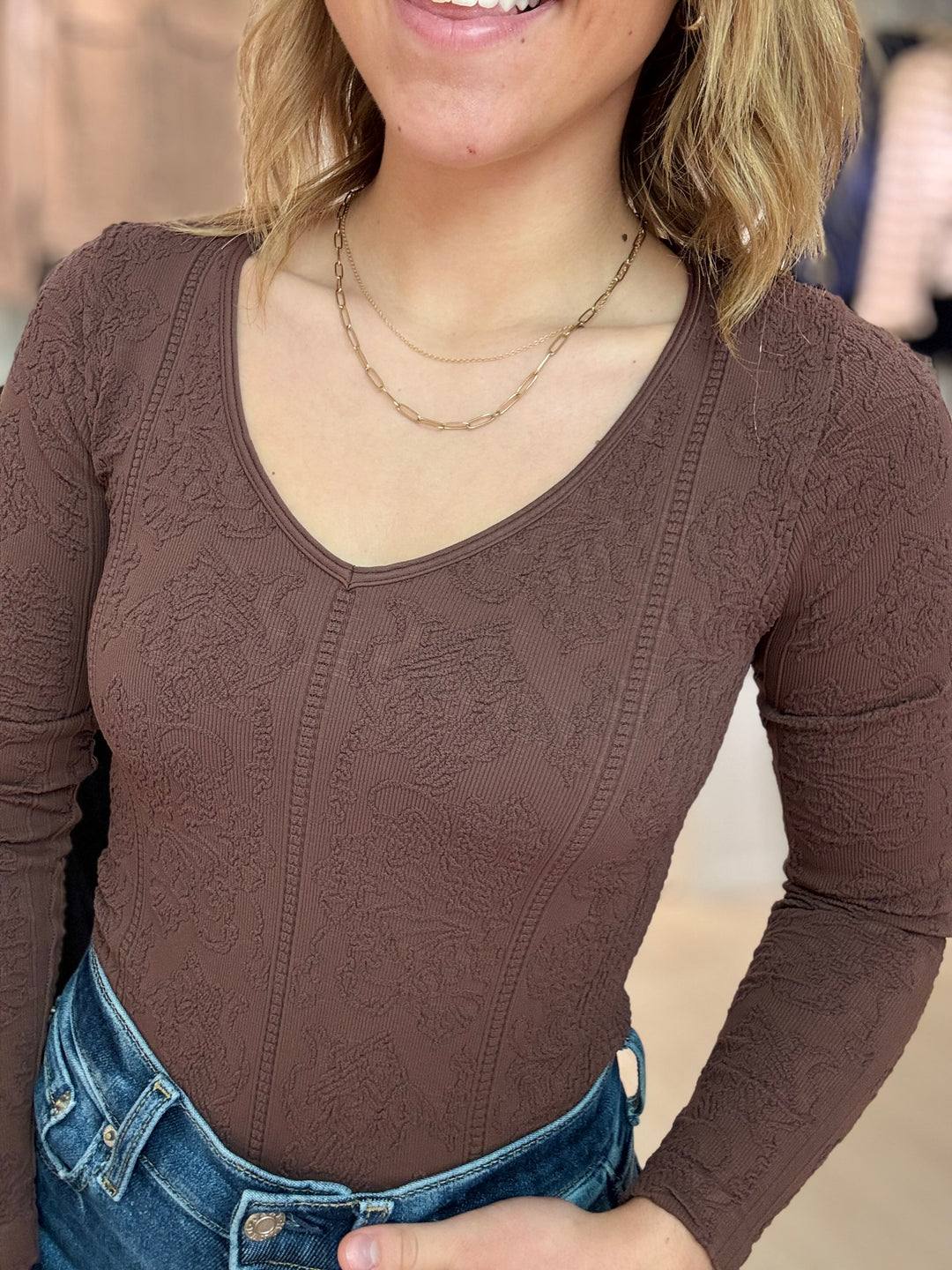 Niki Biki| Lace Textured V Neck Top