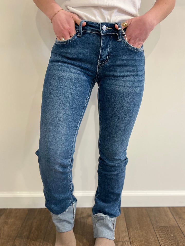 Mid Rise Cuffed Slim Straight Jeans