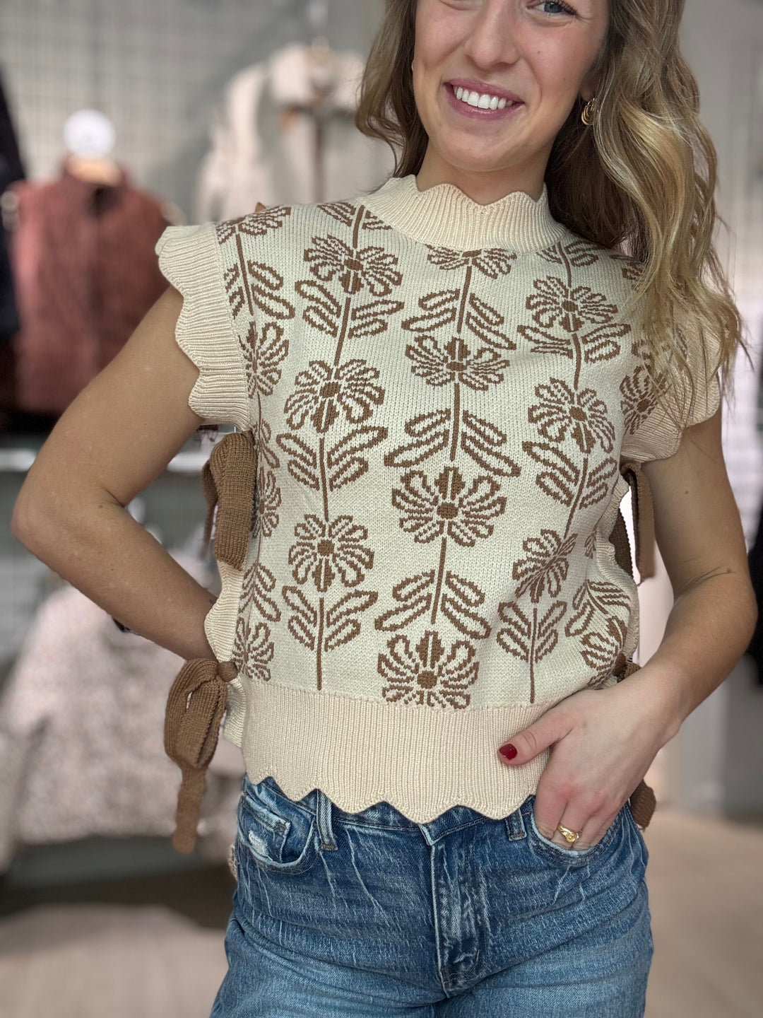 Bow Accent Floral Sweater Vest