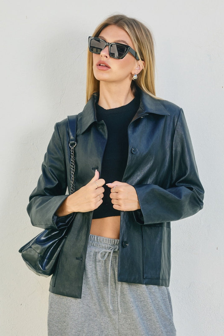 Faux Leather Collared Jacket