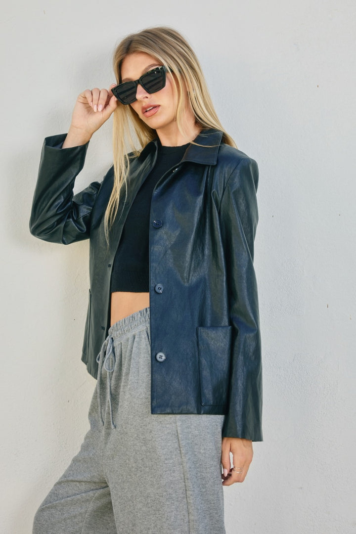 Faux Leather Collared Jacket
