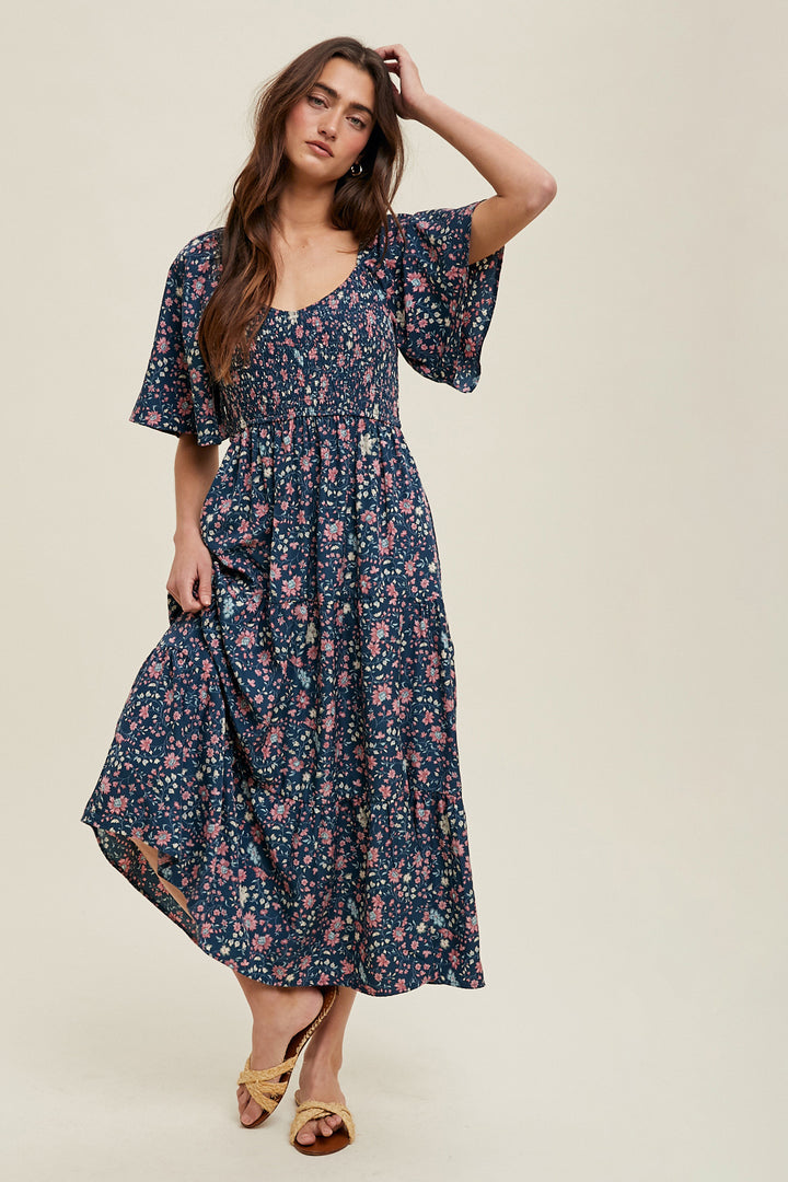 Floral Flutter Sleeve Midi Dress