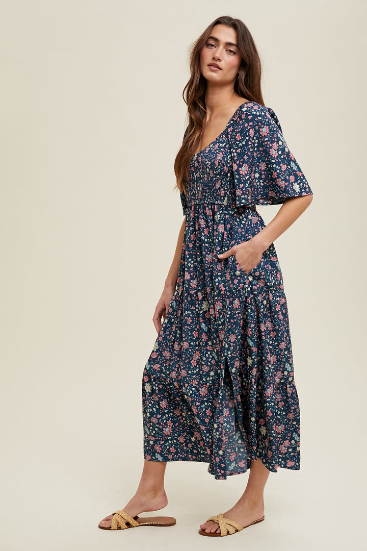 Floral Flutter Sleeve Midi Dress