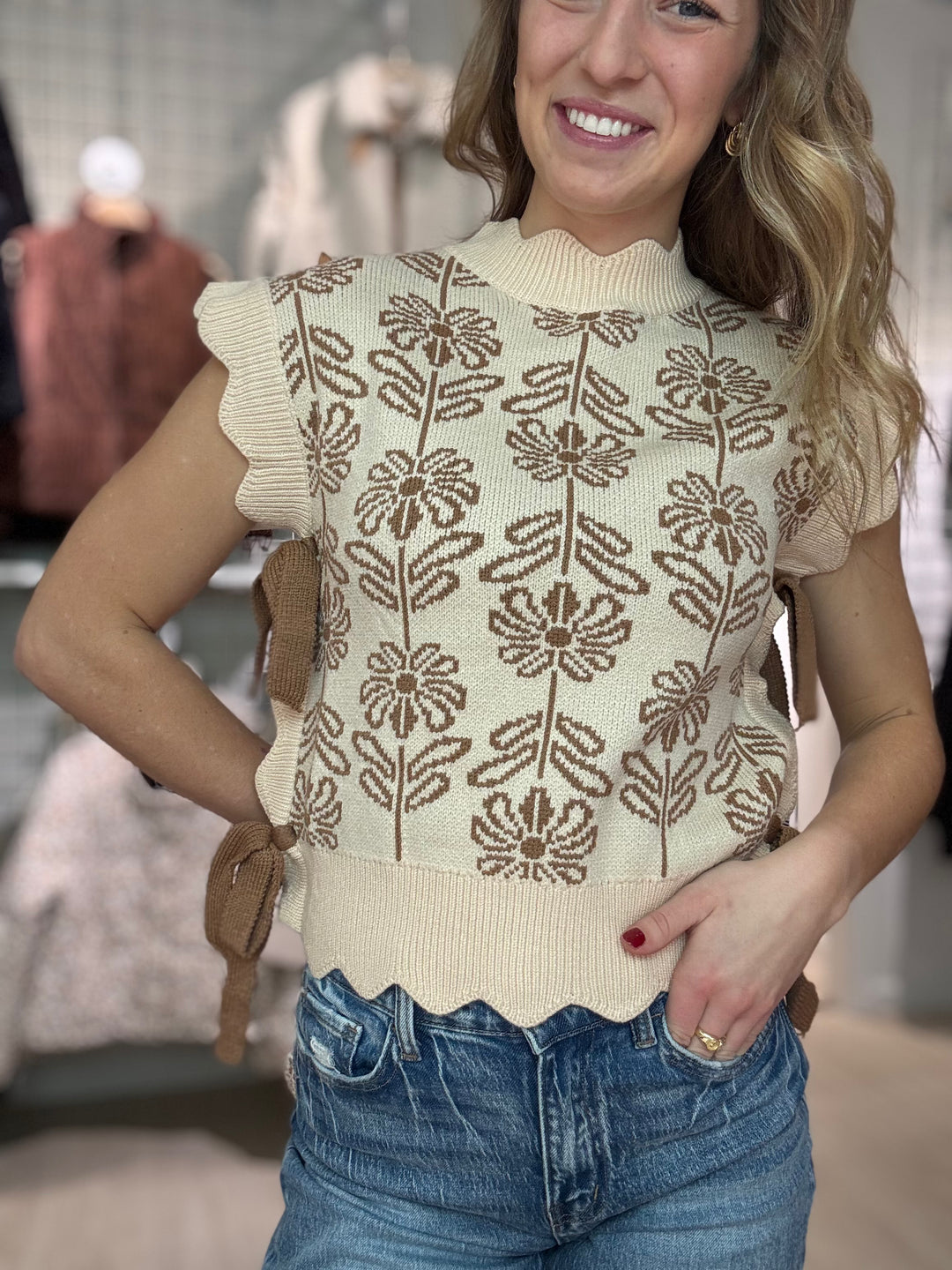 Bow Accent Floral Sweater Vest