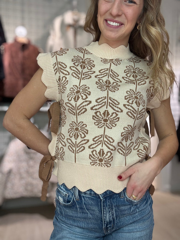 Bow Accent Floral Sweater Vest