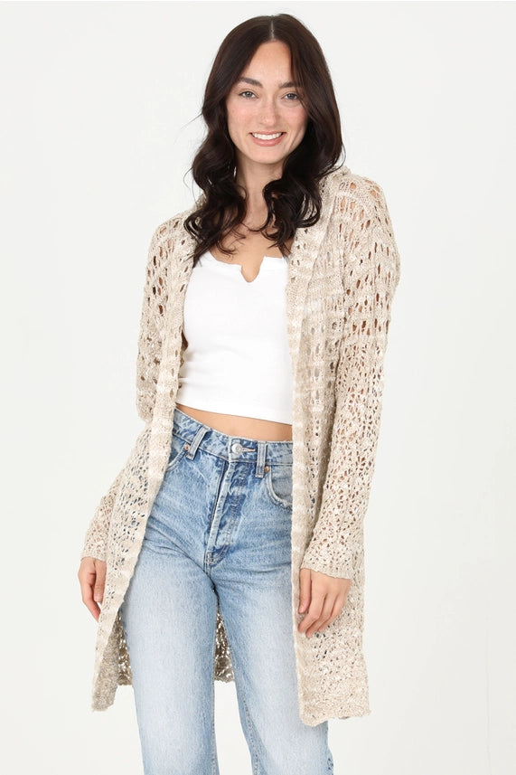 Tan-Ivory Hooded Cardigan Sweater