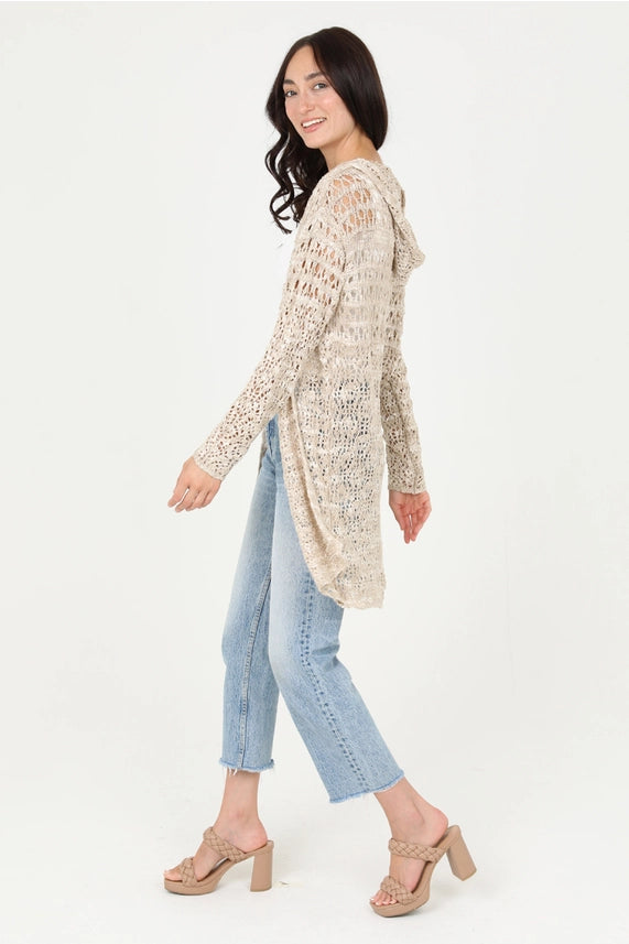 Tan-Ivory Hooded Cardigan Sweater