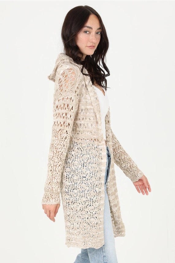 Tan-Ivory Hooded Cardigan Sweater