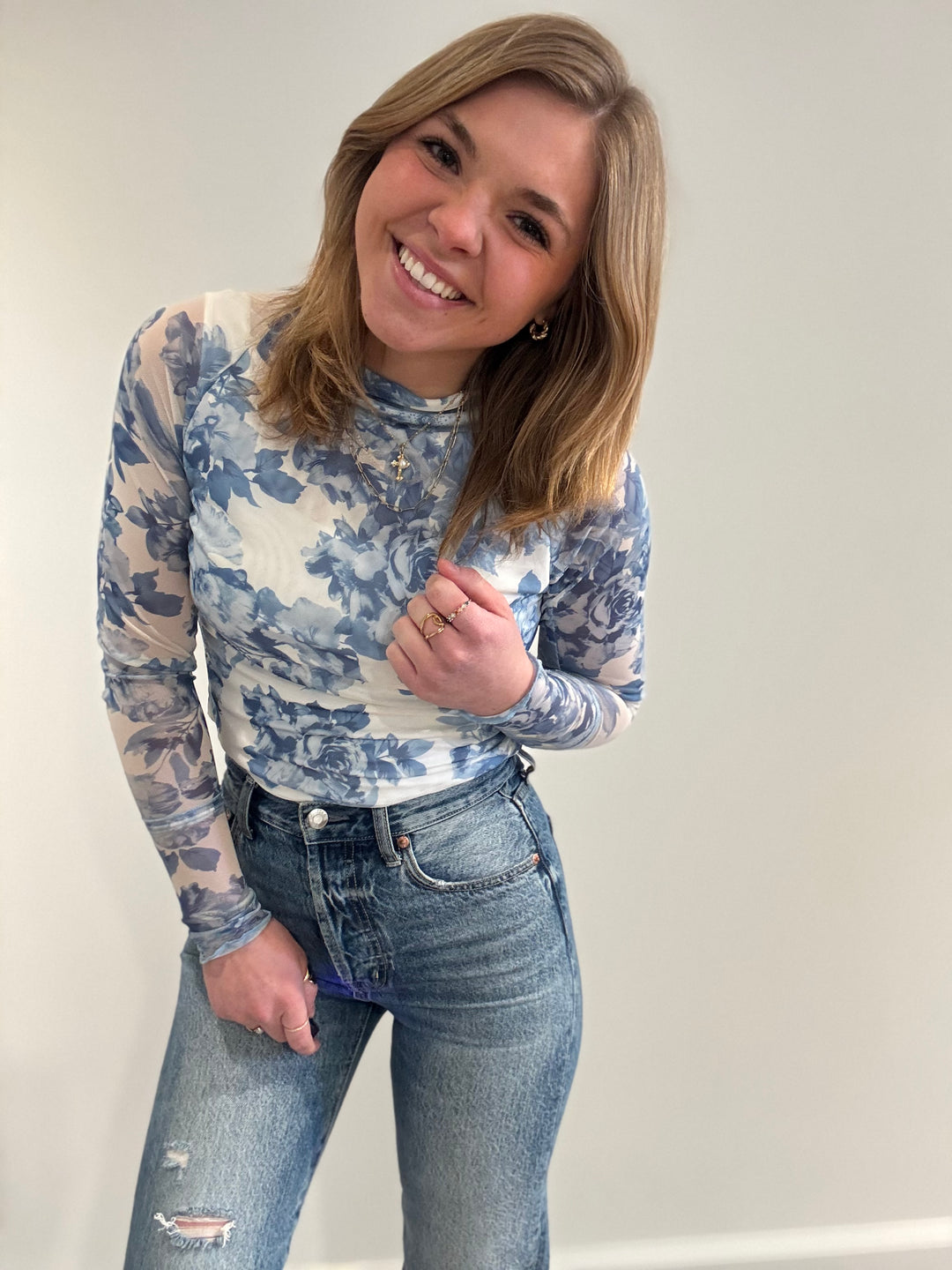 Blue & White Floral Mesh Top