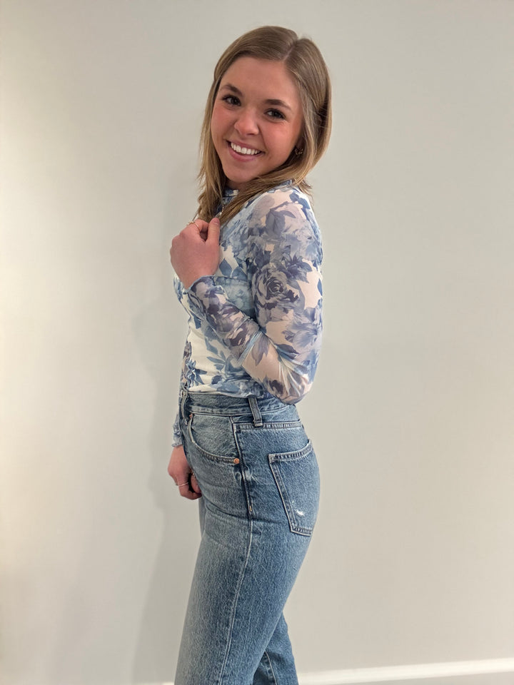 Blue & White Floral Mesh Top