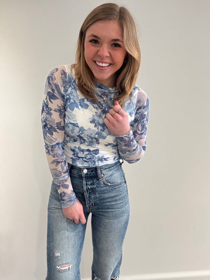 Blue & White Floral Mesh Top