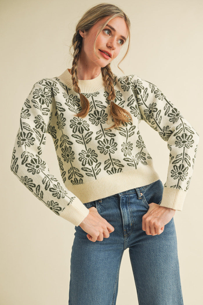 Olive Floral Knit Pullover