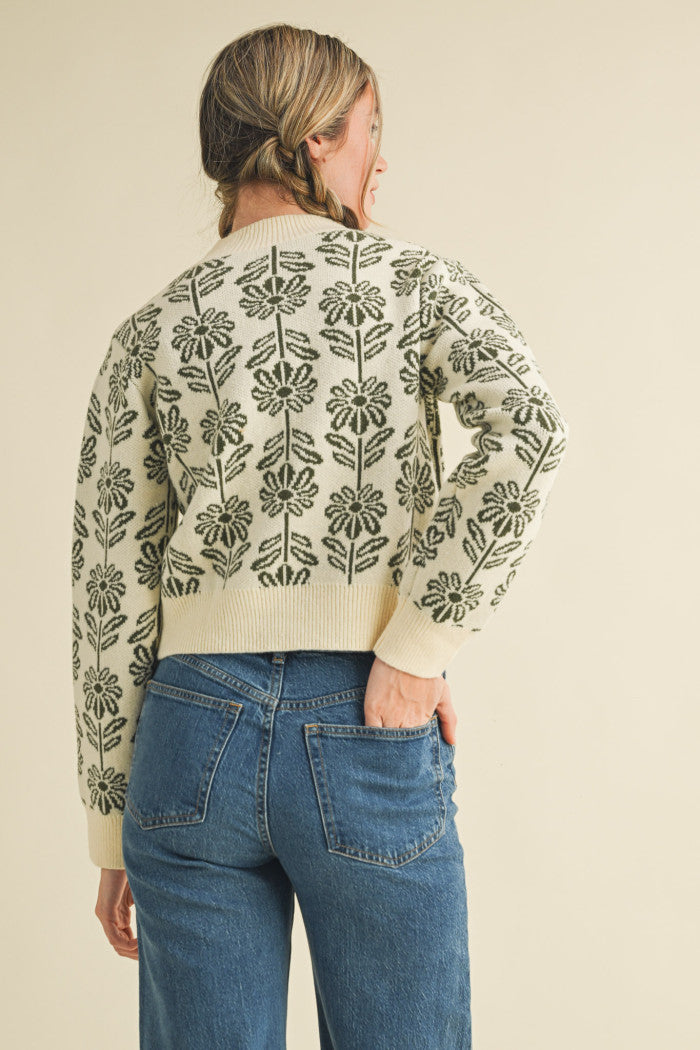 Olive Floral Knit Pullover