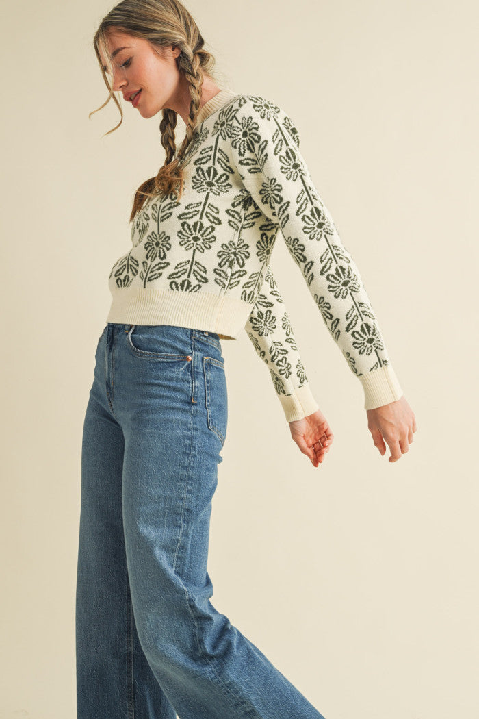 Olive Floral Knit Pullover