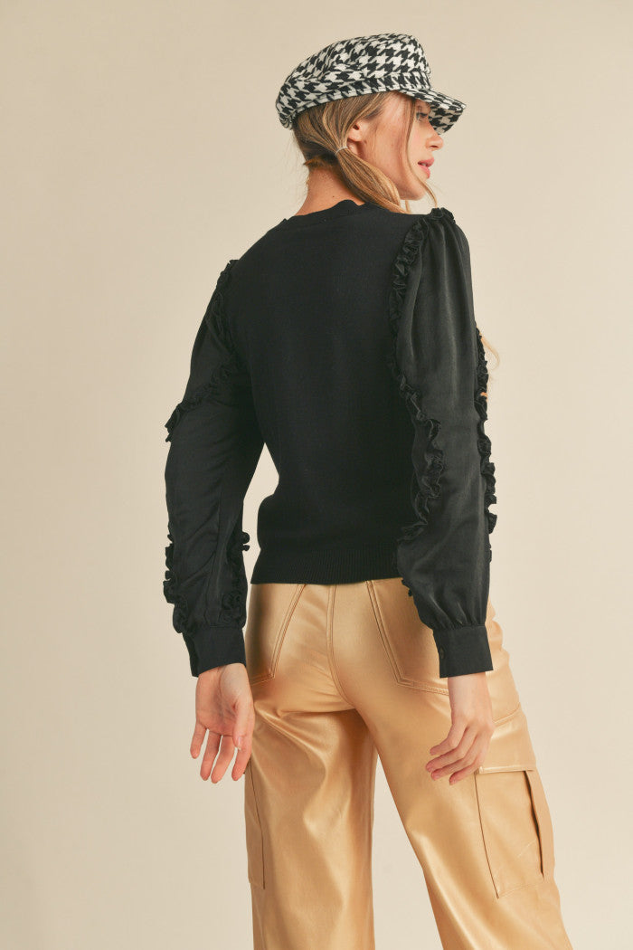 Ruffled Sleeve Satin Sweater Top