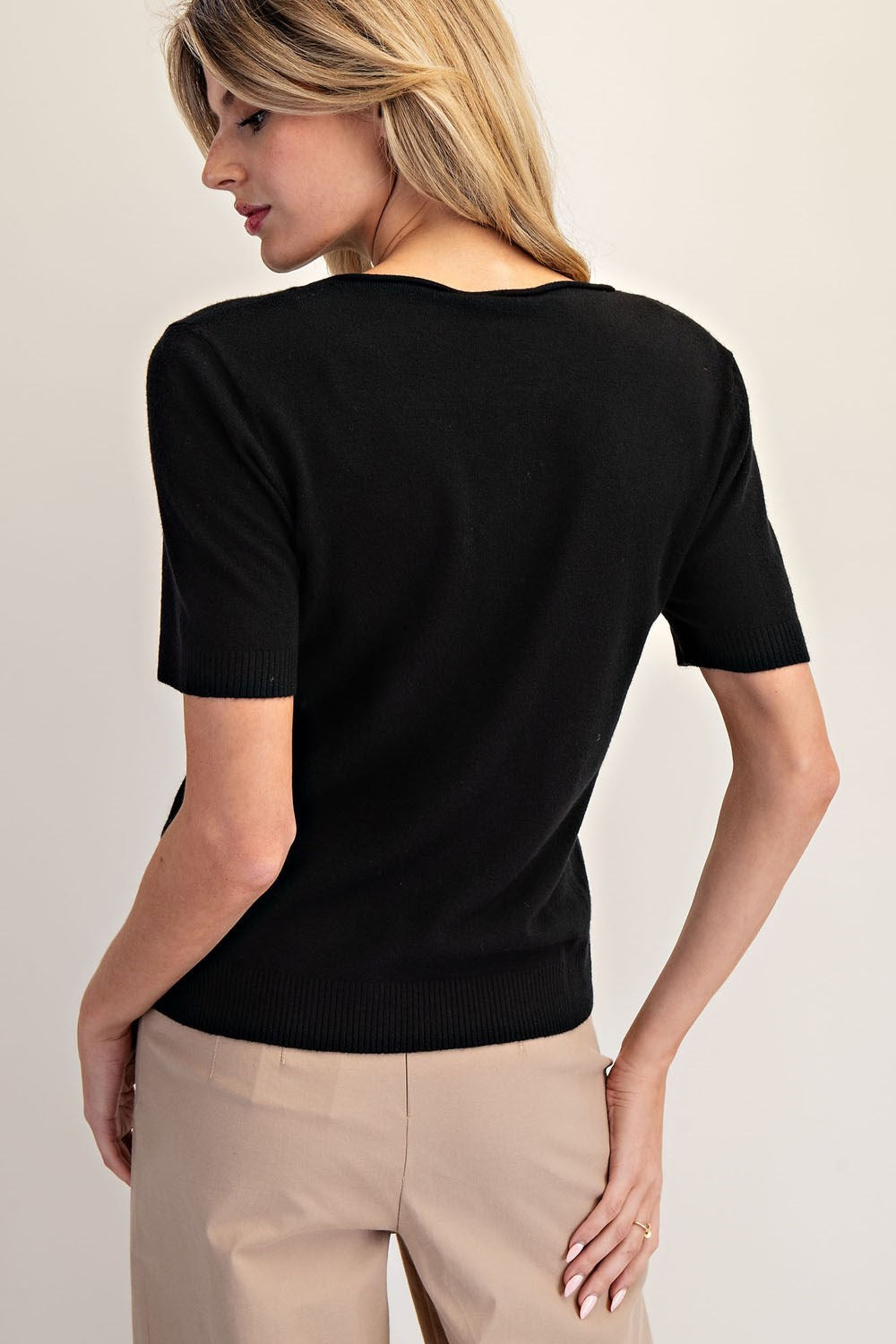 Solid Round Neck Short Sleeve Sweater