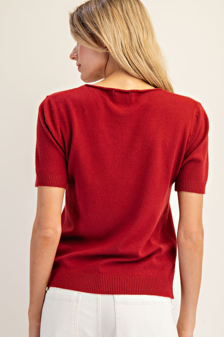 Solid Round Neck Short Sleeve Sweater