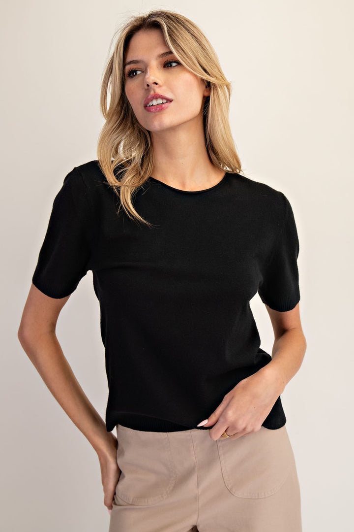 Solid Round Neck Short Sleeve Sweater