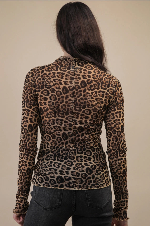 Leopard High Neck Lace Knit Top