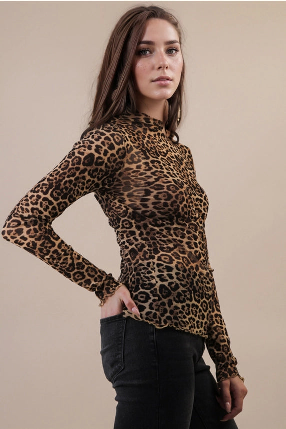 Leopard High Neck Lace Knit Top