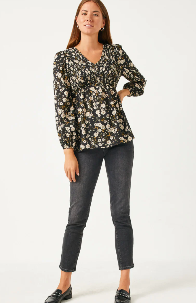 Black Floral V Neck Top