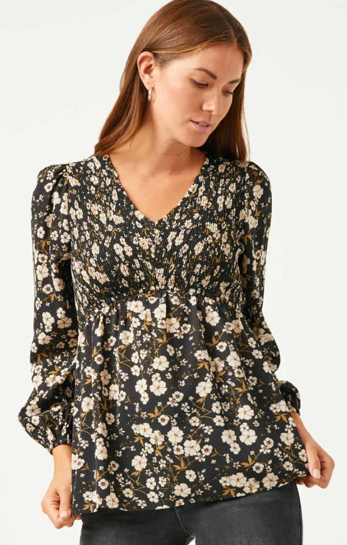 Black Floral V Neck Top