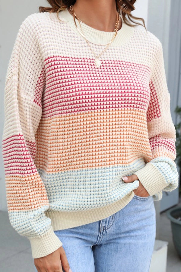Crew Neck Sweater with Tri-color Stripes