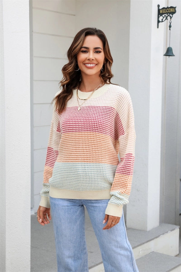 Crew Neck Sweater with Tri-color Stripes