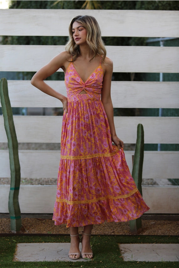 V-Neck Twist Front Maxi Dress