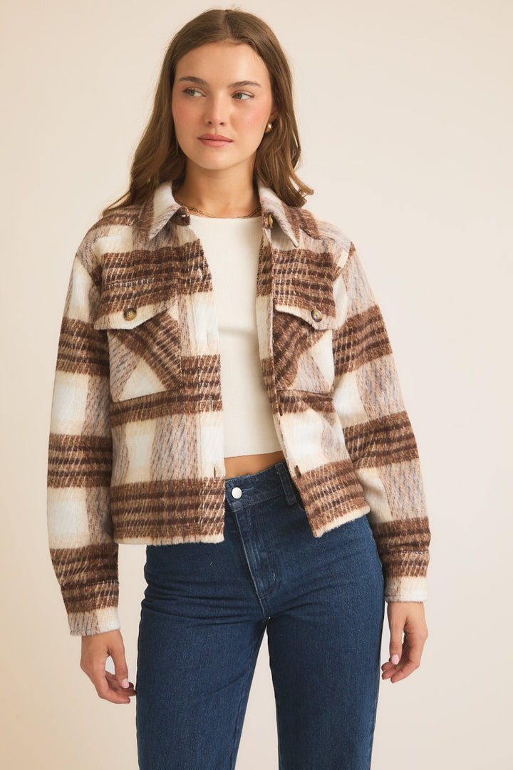 Cream & Brown Brushed Plaid Shacket