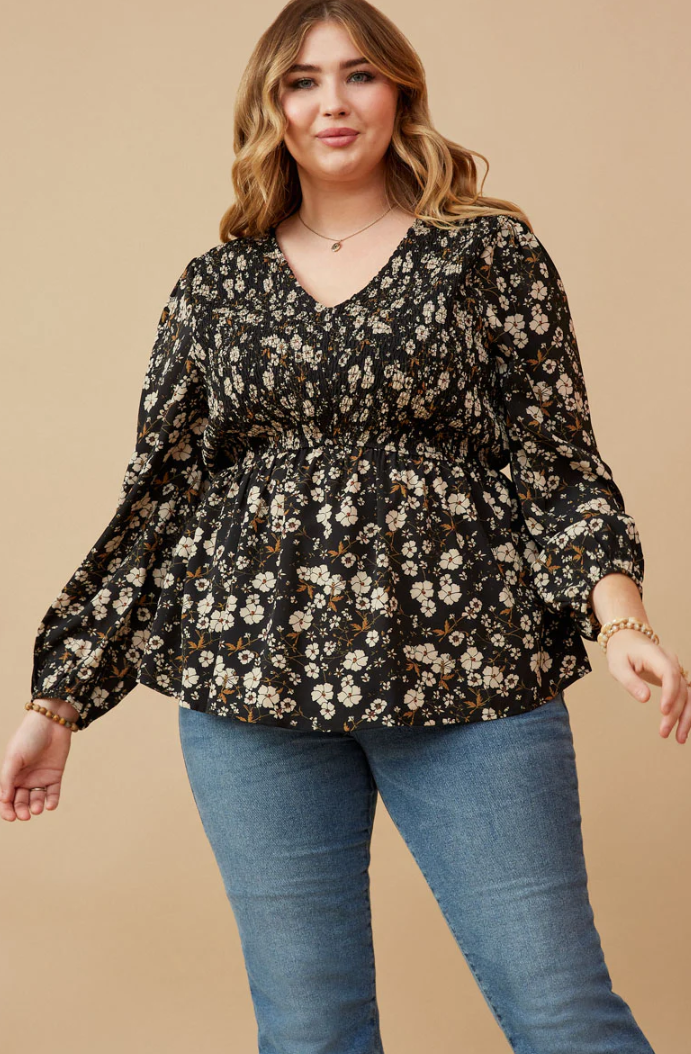 Black Floral V Neck Top