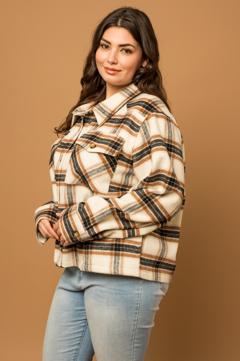 Cream & Black Short Plaid Shacket | PLUS