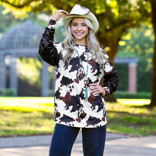 Cow-print Top with Sequin Sleeves