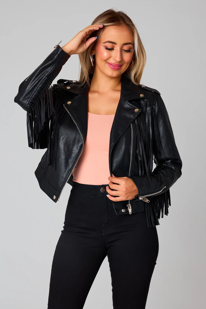 Francesca Black Vegan Leather Fringe Jacket