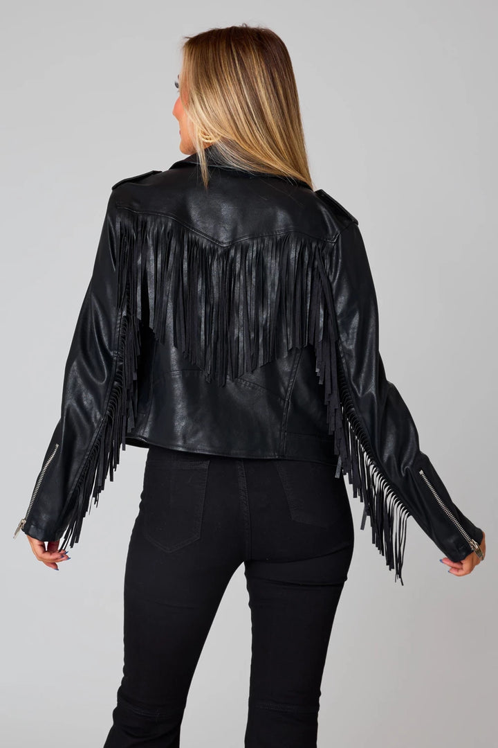 Francesca Black Vegan Leather Fringe Jacket